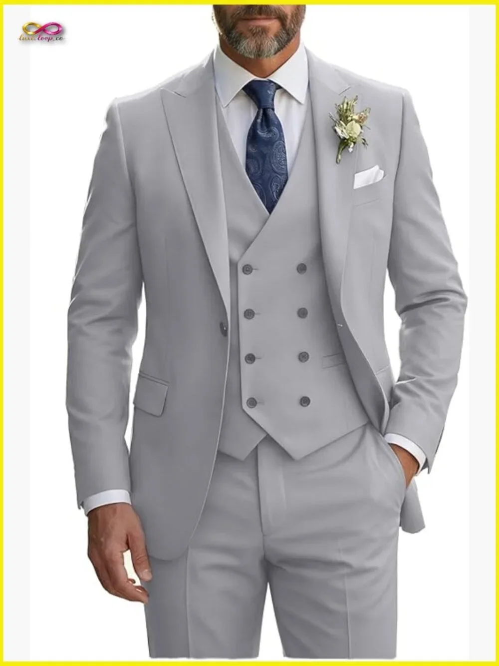 Slim Fit Double Breasted 3-Piece Suit Elegant Business Formal Wedding Tuxedo